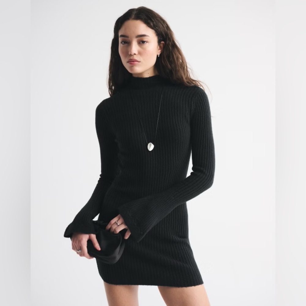 Black ribbed mockneck mini sweater dress